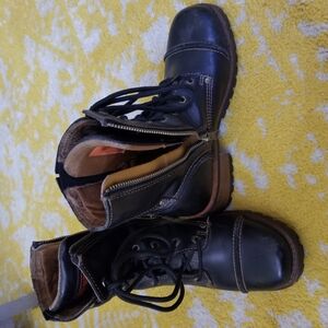 Black Leather Lace-Up Boots with Side Zipper